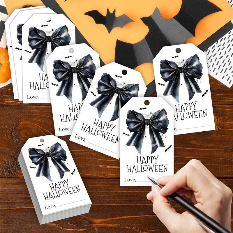 HandEasy 50 Pcs Halloween Tags with String, 2.1"×3.5" Bowknot Paper Gifts Tags, Bat Trick or Treat for Candy, Spider Happy Halloween Gifts Tag Wrap for Party Favor - B06 - Image 3